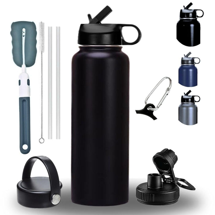 Triple Wall Vacuum Stainless Steel Water BOTTLE Insulated Stainless Steel Water Bottle 24oz with Straw-Brush-3 Lid-handle, 1L Bottle for Sports jym, Travel, office school kids water bottle (black)