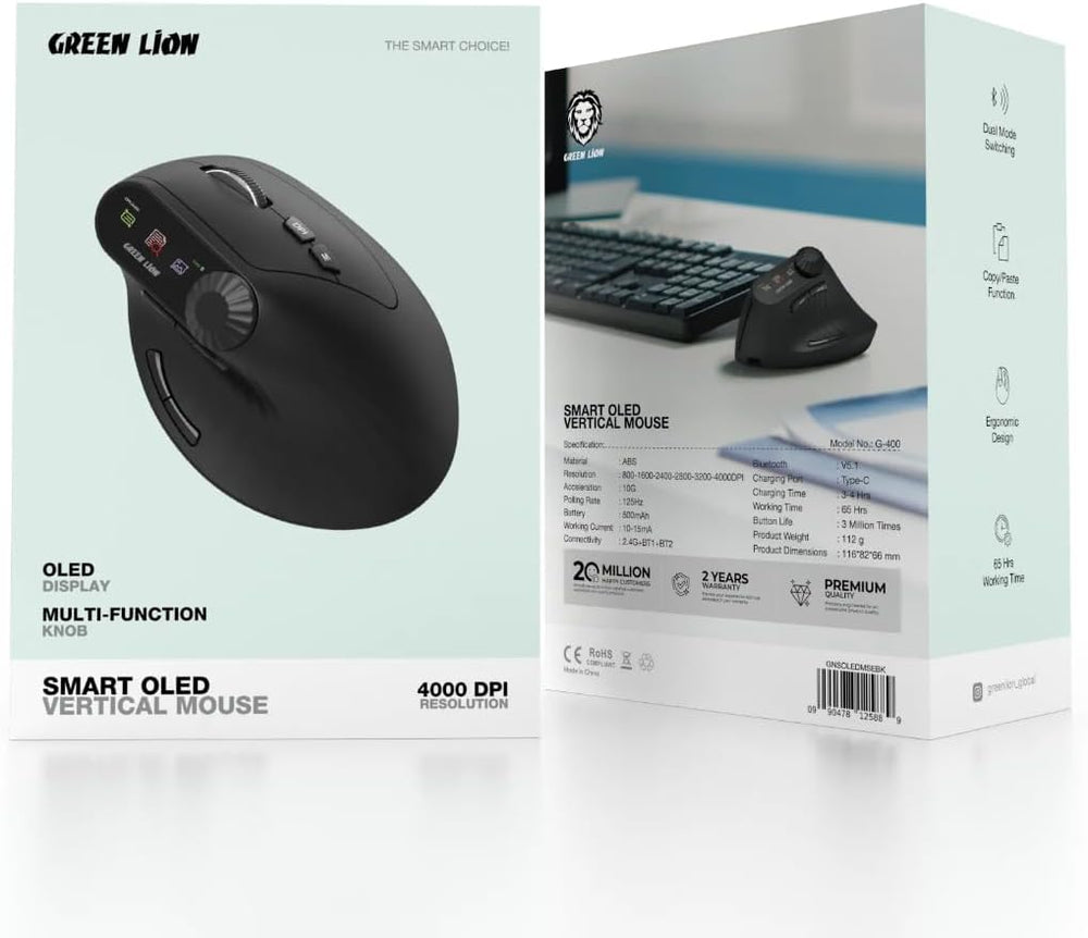 Next Store Smart OLED Vertical Mouse, Ergonomic Wireless Design with OLED Display, Multi-Function Knob, 4000 DPI Adjustable, Bluetooth 5.1 & 2.4G, Rechargeable 500mAh Battery