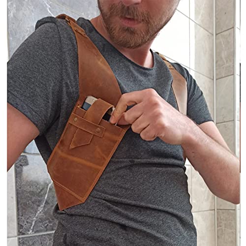 Hidden Underarm Shoulder Bag Medieval Retro Men's Underarm Anti-Theft Wallet PU Leather Adjustable Straps Underarm Double Shoulder Bag Outdoor Cell Phone Holster Bag,Black