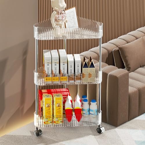 U-HOOME 3-Tier Clear Bathroom Storage Cart with Wheels, Modern Style Corner Shelf Organizer, Shower Caddy
