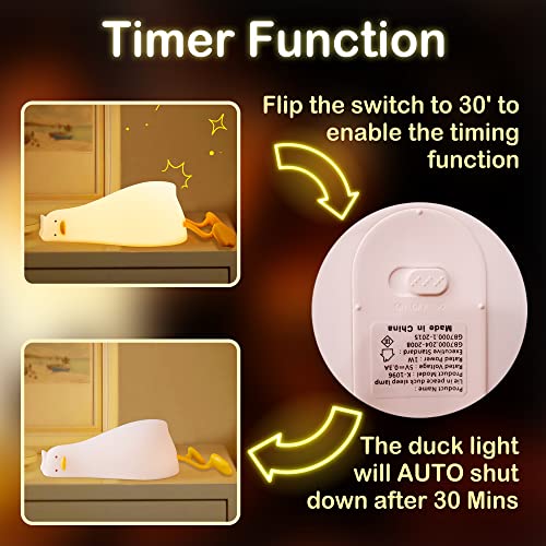 Hinittey Lying Flat Duck Night Light, Cute Light Up Soft Silicone Nursery Duck Lamp with Touch Control & Rechargeable & Timer & Dimmer for Kids, Kawaii Gifts of Birthday Festival for Children Girls