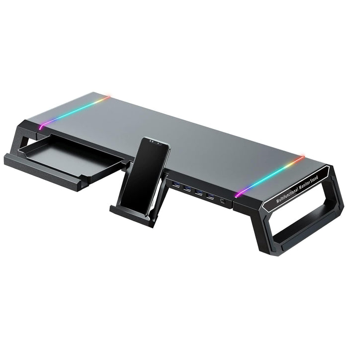 NALACAL RGB Gaming Computer Monitor Stand Riser - 4 USB 3.0 Hub, 3 Length Adjustable, Laptop Desk Shelf with Storage Drawer and Tablet Phone Holder, Desk Organizers for Desktop, Printer (Black)