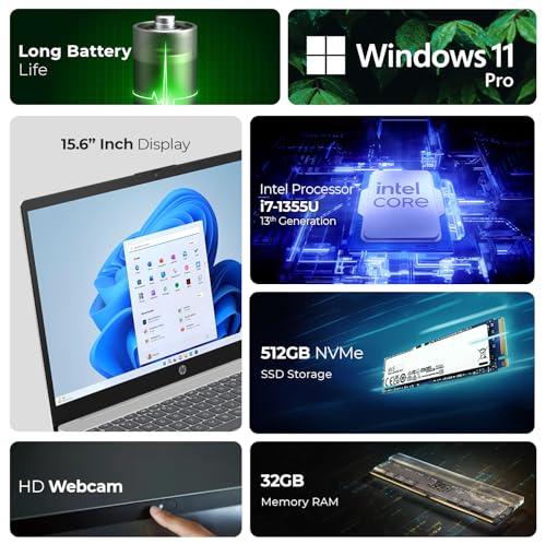 HP Business Laptop 15.6" - 13th Gen Intel i7-1355U, Iris X Graphics, 32GB DDR4 RAM, 512GB SSD, Win11 Pro, 720p HD Webcam (Includes 1st Wave Laptop Stand + Mouse + Antivirus + Mouse Pad) 15-FD0213TU