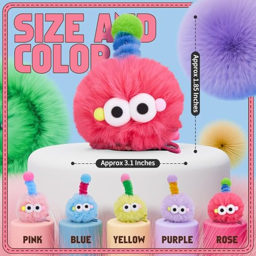 HZYH Fluffy Pom Poms Hair Clip For Girls, Cartoon Hair Barrettes For Kids, Colorful Hair Clips For Toddler, Quirky Little Monster Hair Accessory For Halloween, 5 Pieces