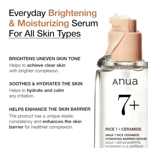 ANUA Rice Ceramide 7 Hydrating Barrier Serum, Brightening, Hydrating Serum for Face, Rice, Hyaluronic Acid, Niacinamide, Fragrance-free, Non comodogenic, Glass Skin, Korean Skin Care, 50ml/1.69fl.oz.