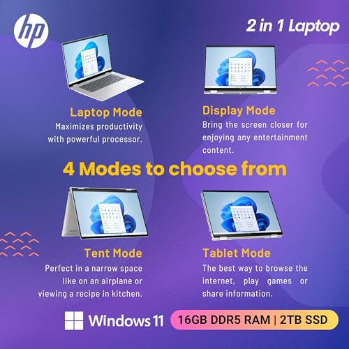 HP Envy x360 2-in-1 Laptop 2024, 16" WUXGA Touchscreen, Core Ultra 7 155U(>i7-1355U, 4.80 GHz), Copilot AI Laptop, 5MP IR camera, Backlit Keyboard,Windows 11 Home, Silver(16GB 6400 MHz DDR5 | 2TB SSD)