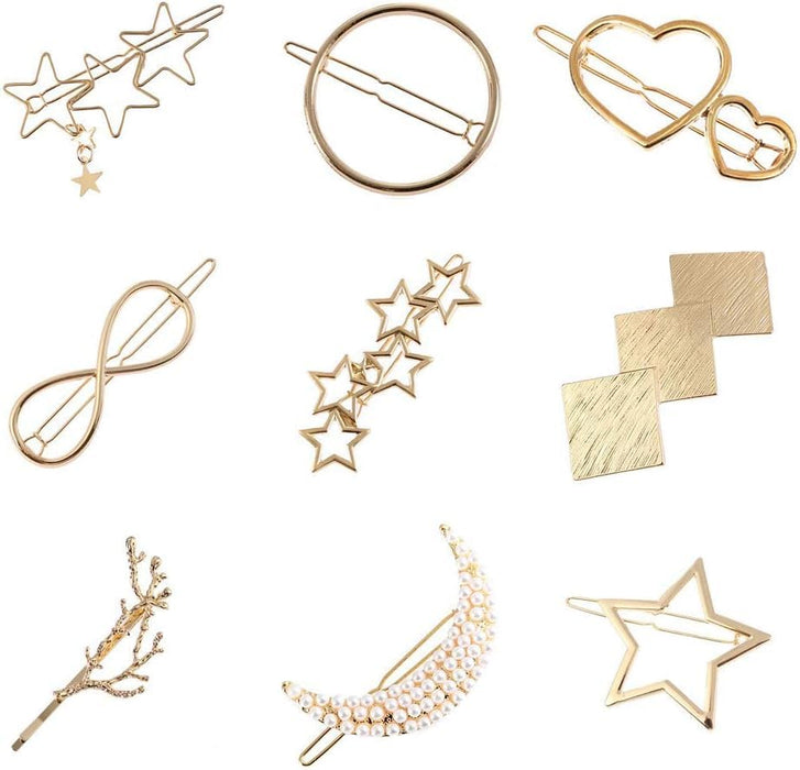 ChicAbode 9 Pcs Hair Barrettes, Minimalist Gold Hair Clips, Elegant Hair Accessories for Girl, Rhinestone Pearl Moon Star Pearl Hair Clip, for Party, Wedding, Daily Wearing, 9 Different Shapes