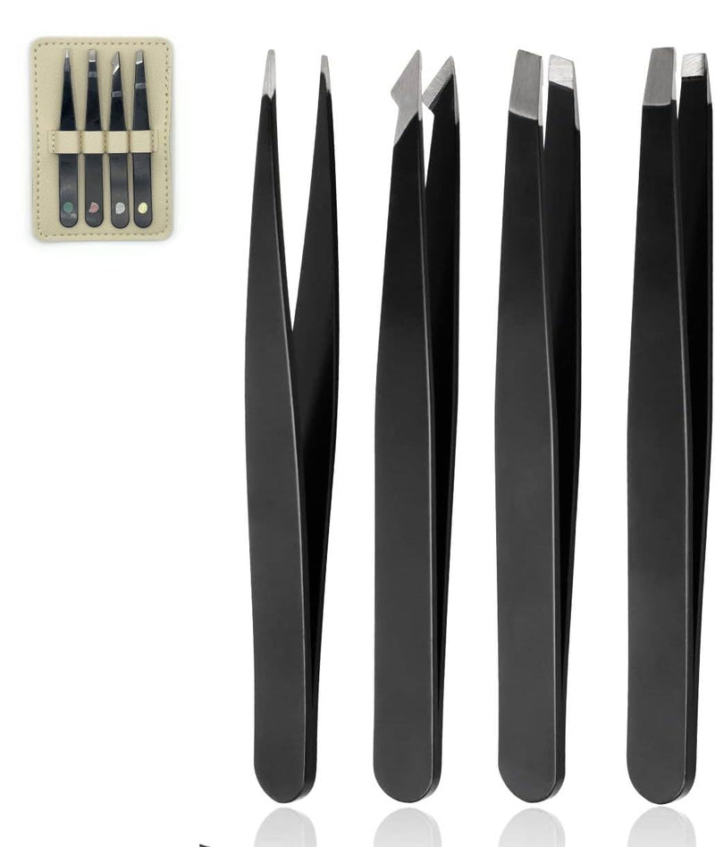 MOMENT 4 Pcs Tweezers Set with Leather Case Professional Stainless Steel Tweezers for Eyebrows Great Precision for Eyebrow, Ingrown Hair, Splinter, Facial Hair Removal Black