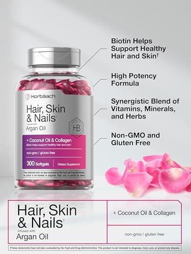 Horbäach Hair Skin and Nails Vitamins | 300 Softgels | with Biotin and Collagen | Infused with Argan Oil and Coconut Oil | Non-GMO, Gluten Free Supplement | by