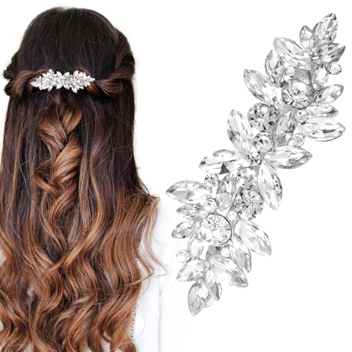 HINZIC Sparkly Rhinestone Hair Clip Silver Crystal Prom Barrettes Wedding Engagement Pageant Formal Dressy Decorative Accessories for Bride Women Girls Thick Long Hair