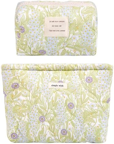 Azonee 2 Pcs Floral Makeup Bag Large Travel, Cotton Quilted Cosmetic Makeup Bag Organizer, Cute Coquette Aesthetic Zipper Portable Pouch Purse Toiletry Bag for Skincare Cosmetics (Pink Floral flowers)