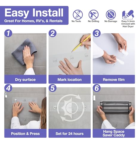 KINCMAX Shower Shelf - Self Adhesive Shower Caddy with 4 Hooks - No Drill Large Capacity Stainless Steel Rack - Aesthetic Organizer for Bathroom Wall Decor - Matte Black