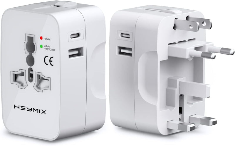 HEYMIX LIFE Universal Travel Adapter,Universal Travel Adapter USB C,World Travel Power Plug With USB,All In One Travel Plug Adapter For EU/US/UK/AU Compatible With iPhone/Samsung (White, PACK)