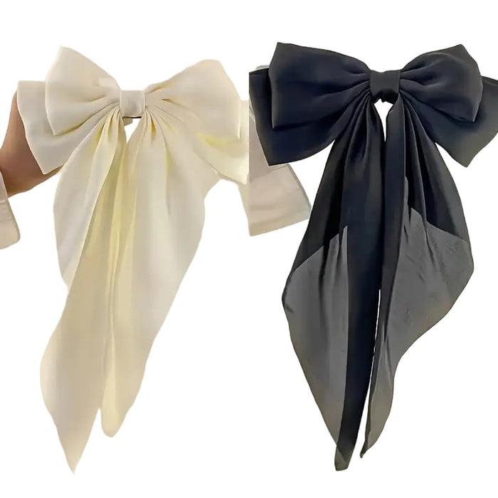 Elegant Silky Satin Hair Bow Clips.Set of 2,Oversized Fabric Bow Tie Barrettes,Black & Cream.Simple Classic Long Tassel Exquisite Hair Clips.Vintage Ribbon Bows.