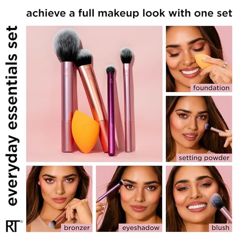 REAL TECHNIQUES The Everyday Essentials set from gives you 5 essential tools to master any look tapered, soft and fluffy bristles. Blend powder blush evenly for a smooth, natural look