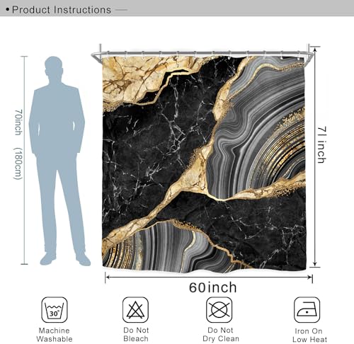 Miyotaa Black Gold Marble Shower Curtain Set 60Wx71H Inches Ink Texture Luxury Abstract Decorative Stone Polyester Waterproof Cloth Bathroom Curtain with 12 Hooks