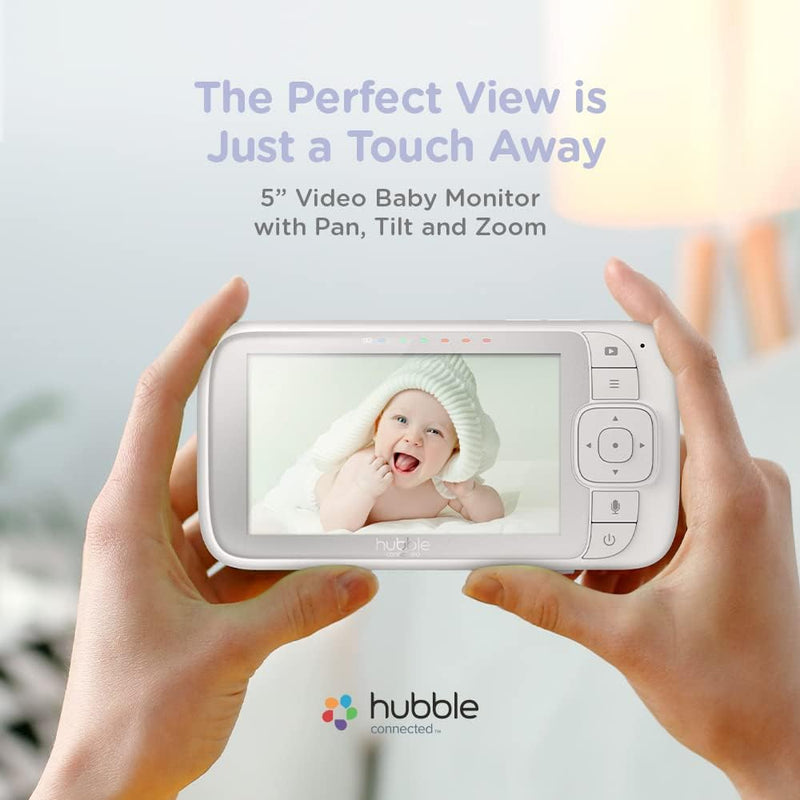 Hubble Nursery View Premium 5 Inch Video Baby Monitor with Room Temperature Sensor, Two Way Talk, Digital Zoom, Soothing Nature Sounds - White