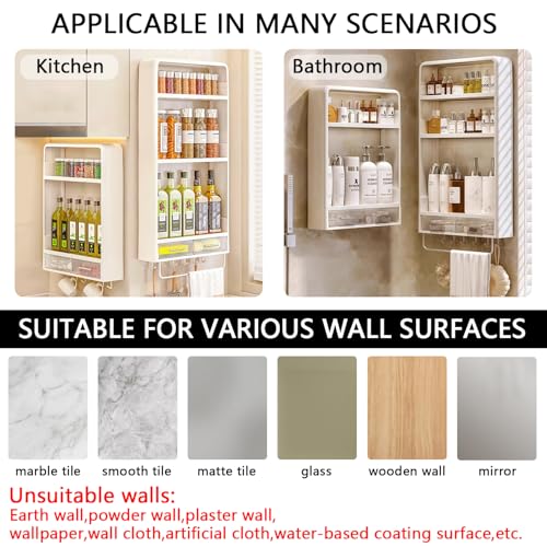 Wall Mounted Bathroom Shelves, White Bathroom Wall Cabinet with Towel Rack and 5 Hooks, No Drilling Required Accessories Holder, Shower Organizer for and Kitchen (White)