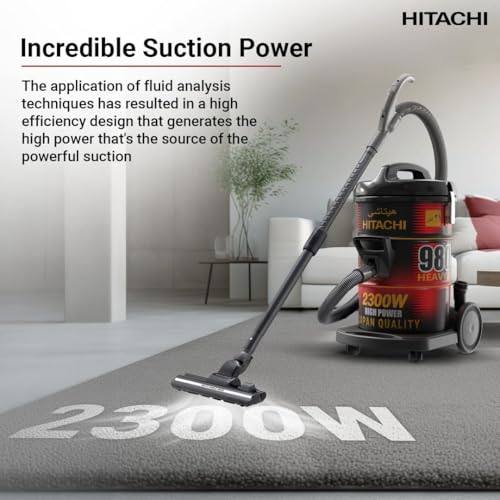 HITACHI Drum Vacuum Cleaner 2300 Watts, 23L Tank Dust Capacity, Aero Power Brush to Clean Efficiently, Metal Pipe Dusting Brush & Crevice Nozzle, Washable Filter, Best for Home & Office, CV980TJBKRGAE