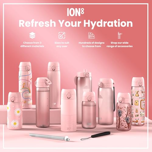 Ion8 Lightweight Steel Kids Water Bottle, 400ml/13oz, Non-Insulated, Leak Proof, Easy to Open, Secure Lock, Dishwasher Safe, Fits Cup Holders, Carry Handle, Metal Water Bottle, Pink, Baby Koalas