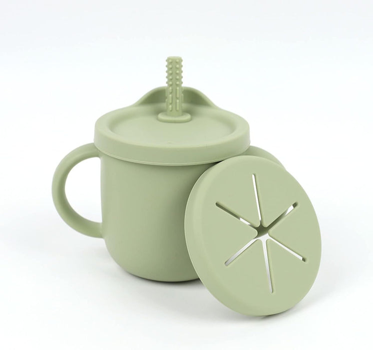Excefore Toddler Sippy Cup with Lid, Kids Snack Container 2-in-1, Silicone Snack Catcher with Removable Scale, Kids Water Bottle with Straw 8.5 oz (Olive Green)