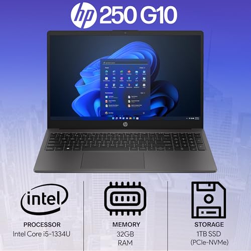 HP 250 255 G10 Business Laptop 15.6" FHD Display, Intel Core i5-1334U (Beats AMD Ryzen 5 7530U) 32GB RAM, 1TB PCIe SSD for Home, Student, Webcam, Numeric Keypad, Windows 11 Pro