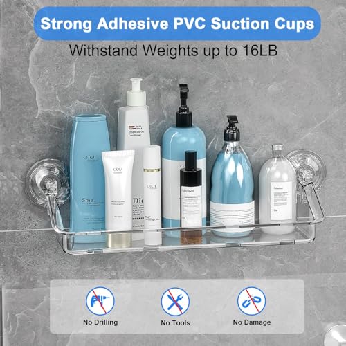 KASTWAVE Shower Caddy Suction Cup, No Drilling Hang Walls, Adhesive Clear Acrylic Shelf, for Bathroom, Pantry, Kitchen, Utility Room (Shower Caddy Suction Cup)