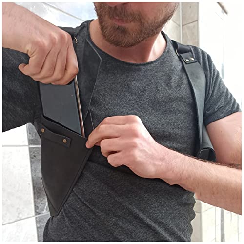 Hidden Underarm Shoulder Bag Medieval Retro Men's Underarm Anti-Theft Wallet PU Leather Adjustable Straps Underarm Double Shoulder Bag Outdoor Cell Phone Holster Bag,Black