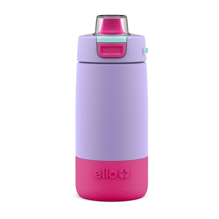 Ello Kids Colby 12oz Stainless Steel Insulated Water Bottle with Straw and Built-In Silicone Coaster Carrying Handle and Leak-Proof Locking Lid for School Backpack, Lunchbox, and Outdoor Sports, Lilac