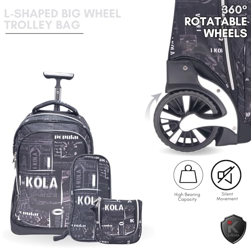 i-kola Blue 3pcs Kids Rolling School Bag Set – School Trolley Backpack with Lunch Bag & Pencil Case | 18″ Kid Luggage Backpack with Wheels & Telescopic Handle for Boys & Girls (E912-18BW3)