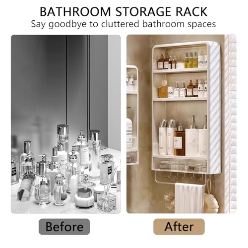 Wall Mounted Bathroom Shelves, White Bathroom Wall Cabinet with Towel Rack and 5 Hooks, No Drilling Required Accessories Holder, Shower Organizer for and Kitchen (White)