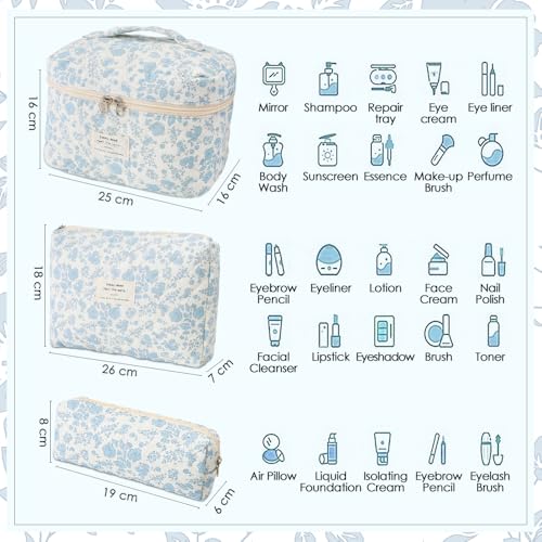 HomeChi Makeup Bag Organizer, 3 PCS Large Capacity Cosmetic Bag with Handle - Portable Toiletry Organizer for Brushes, Skincare Products, and Makeup Tools - Beauty Storage Bag for Home and Travel