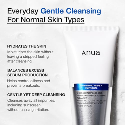 ANUA Hydrating Gentle Foaming Cleanser, Hyaluronic Acid, Glycerin, Zinc, Panthenol, Korean Face Wash for Dry Skin, for Double Cleansing, Korean Skincare (150ml/5.07fl oz.)