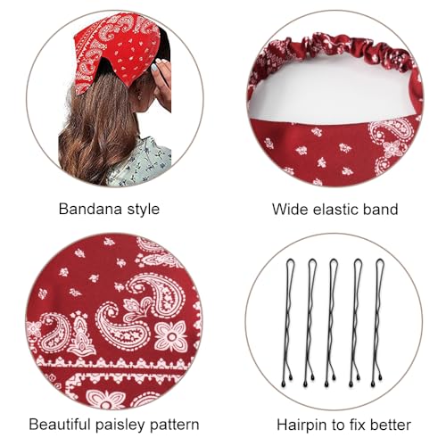 HOOTO 4 Pack Hair Scarf Headband for Women, Elastic Boho Triangle Bandana Head Scarf, Non Slip Paisley Print Headbands Hair Scarves for Women and Girls, Hair Accessories