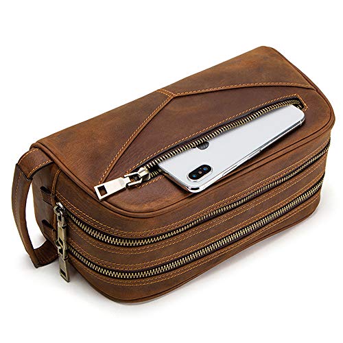 Hiram Genuine Leather Cosmetic Bag For Men, Vintage Crazy Horse Leather Man Make Up Bags, Small Travel Bags, Male Toiletry Bag (Brown)