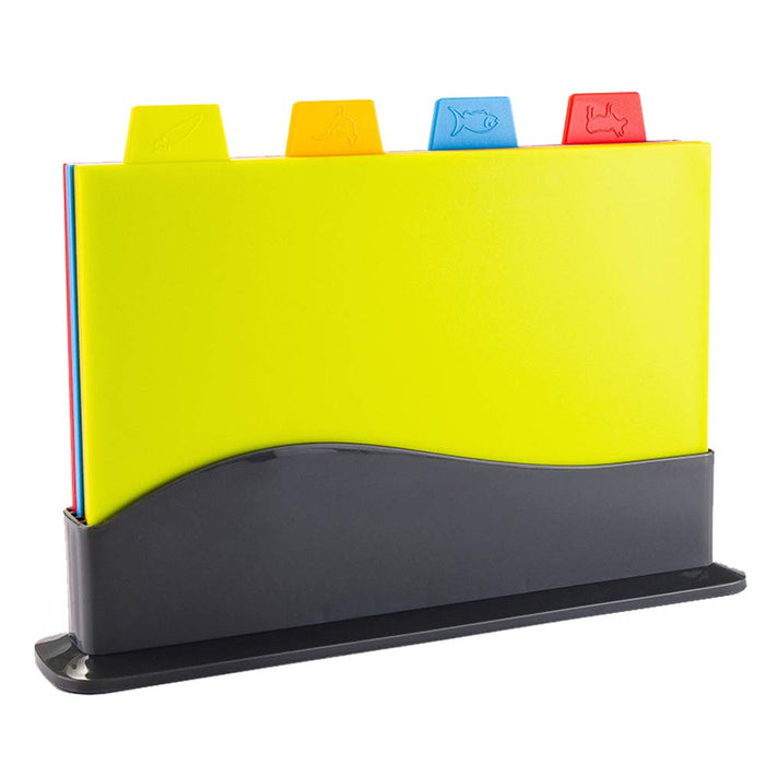 BonShine Cutting Board Set of 4, Plastic Non-slip Chopping Board with Stand, Color Coded Durable Boards with Icons for Food Safety in Space Saving Storage Case