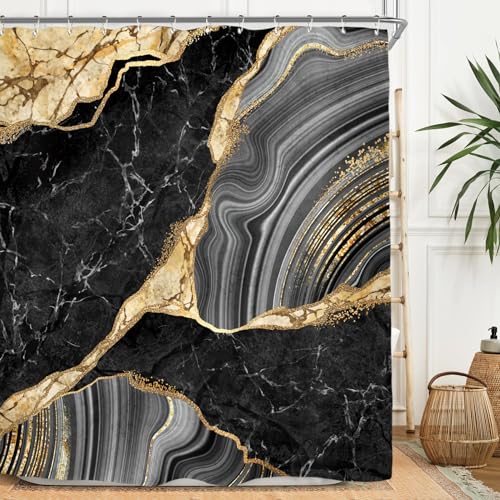 Miyotaa Black Gold Marble Shower Curtain Set 60Wx71H Inches Ink Texture Luxury Abstract Decorative Stone Polyester Waterproof Cloth Bathroom Curtain with 12 Hooks
