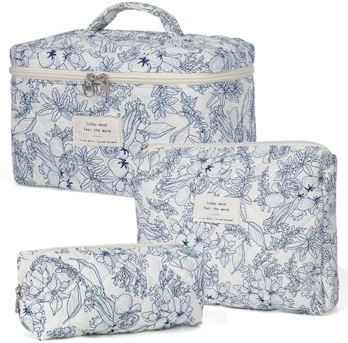 Joyzzz Makeup Bag, 3 PCS Large Floral Cosmetic Bag with Cotton Material, Quilted Makeup Bag with Zipper, Cotton Makeup Bag Set for Women and Girl, Flower Toiletry Bag for Travel, Daily Use