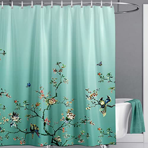 LIVETTY Ombre Green Floral Shower Curtain Birds 72x78 inches with 12 Hooks Mint Light Green Shower Curtain Turquoise Teal Butterfly Fabric Bathroom Curtain Washable Quick-Drying