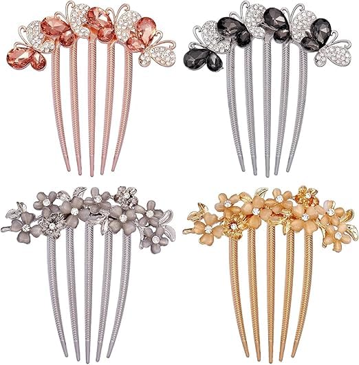IWTEIPAN 4 PCS Flower Rhinestones Hair Combs Accessories, Wedding Crystal Opal Hair Side Combs Long Teeth Slide Hairpins Barrettes Clips Butterfly Hair Accessories for Women