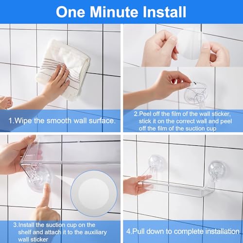 KASTWAVE Shower Caddy Suction Cup, No Drilling Hang Walls, Adhesive Clear Acrylic Shelf, for Bathroom, Pantry, Kitchen, Utility Room (Shower Caddy Suction Cup)