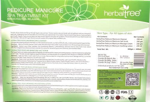 HerbalTree Pedicure Manicure Spa Treatment Kit, 4-Step System with Cleanser, Salt Scrub, Massage Cream and Soothing Lotion, 200 ml Each