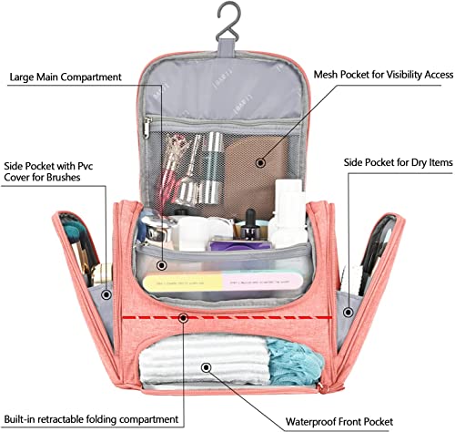 Hanging Toiletry Bag, Upgraded Hanging Travel Organizer Kit Full Sized Water-resistant Makeup Cosmetic Bag Large Capacity Storage Bag for Accessories, Shampoo, Full Sized Container, Toiletries (Pink)