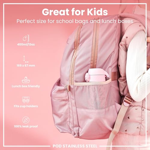 Ion8 Lightweight Steel Kids Water Bottle, 400ml/13oz, Non-Insulated, Leak Proof, Easy to Open, Secure Lock, Dishwasher Safe, Fits Cup Holders, Carry Handle, Metal Water Bottle, Pink, Baby Koalas