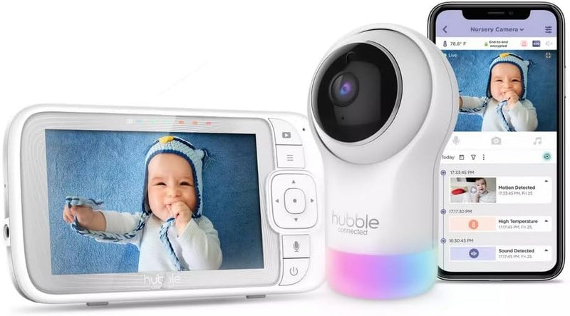 Hubble Connected Nursery Pal Glow Plus - 5-Inch Smart Hd Video Baby Monitor For Babies Wireless Security Camera With Infrared Night Vision - Two-Way Intercom, Room Temp Monitoring-White