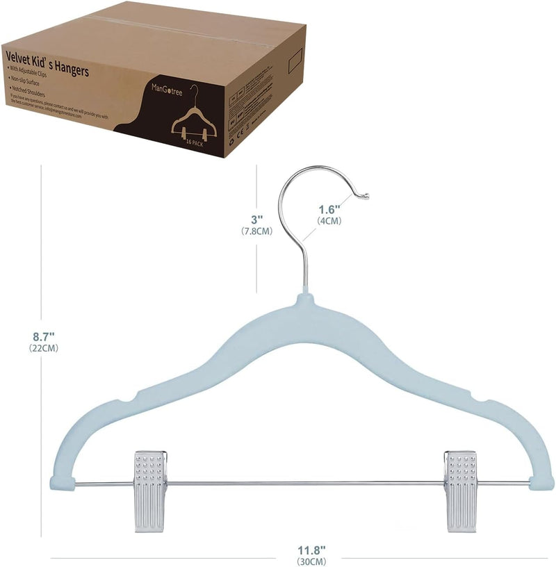 ManGotree 30 cm Baby Velvet Hangers with Movable Clips, Non-Slip Kids Felt Hangers, Ultra-Thin Space-Saving Children's Clothes Hangers for Skirts, Pants, Dresses, Shirts, Jackets (16 Pack, Pink)