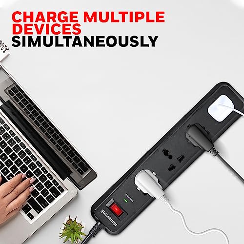 Honeywell Surge Protector, 4 Universal Sockets, 2 Meter Cord, 15000Amp, Device Secure Warranty, Automatic Overload Protection, Spike Guard/Extension Board, Master Switch, 3Year Manufacturer Warranty