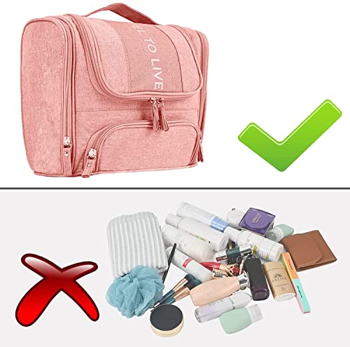 Hanging Toiletry Bag, Upgraded Hanging Travel Organizer Kit Full Sized Water-resistant Makeup Cosmetic Bag Large Capacity Storage Bag for Accessories, Shampoo, Full Sized Container, Toiletries (Pink)