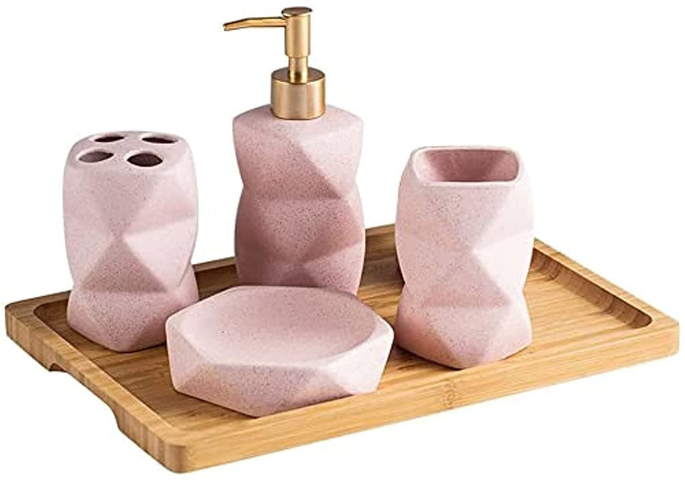 4 Pieces Bathroom Accessories Set Matte Ceramic Diamond Pattern Bath Ensemble Bath Set Collection Soap Dispenser Pump -Toothbrush Holder - Tumbler - Soap Dish (Pink), (Without the Tray)