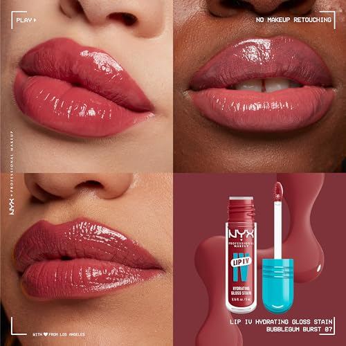 NYX Professional Makeup Lip IV Hydrating Gloss Stain, Lip Gloss, Up to 12HR Hydration, High Pigment, Wet Shine Finish, Bubblegum Burst